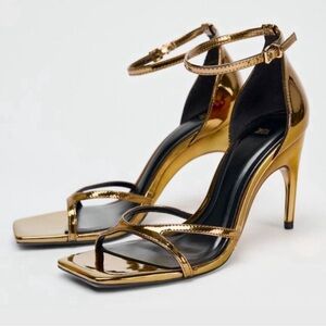 Zara Shiny Gold Ankle Strap Heels Sz 40